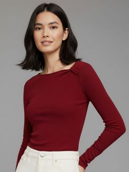 Outzidr - Wine Asymmetric Neckline Solid Top