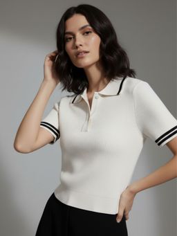 Outzidr - White Contrast Tipping Polo Flat Knit Top