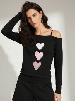 Outzidr - Black Asymmetrical Graphic Printed Top