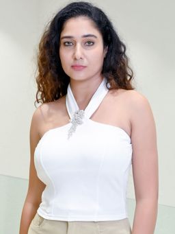 Odette - White Cotton Rib Solid Crop Top