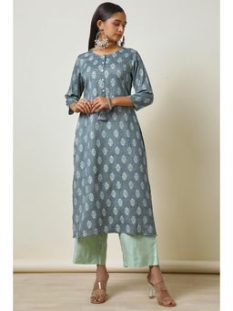 Soch - Women's Grey Rayon Foil Print Kurta