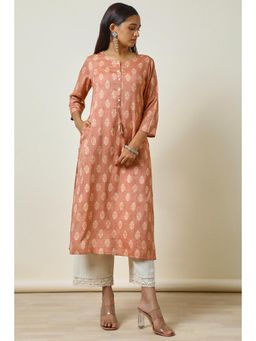 Soch - Women's Peach Rayon Foil Print Kurta