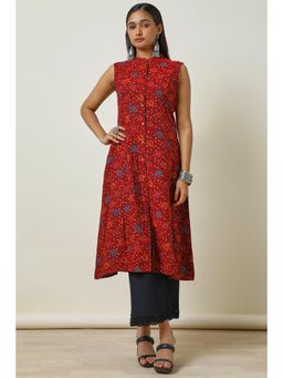 Soch - Women's Deep Red Rayon Foil Print Kurta (Set of 2)