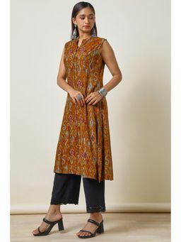 Soch - Women's Mustard Rayon Ikat Print Kurta (Set of 2)