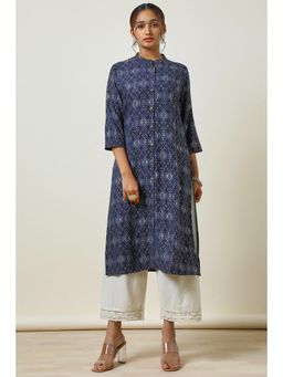 Soch - Women's Navy Blue Rayon Ikat Print Kurta