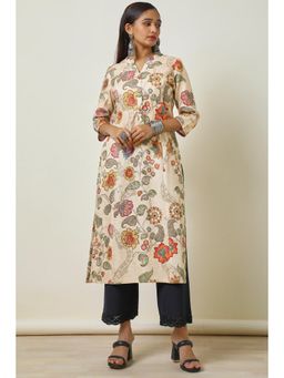 Soch - Women's Beige Linen Floral Print Kurta