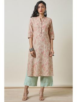 Soch - Women's Beige Linen Princess Cut Ethnic Motifs Print Kurta