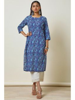 Soch - Women's Indigo Cotton Floral Print Kurta