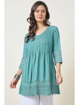 Soch - Women's Teal Rayon Schiffli Tunic