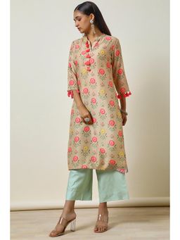 Soch - Women's Beige Muslin Blend Floral Print Kurta