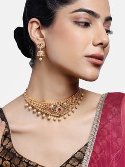 Estele - Gold Plated Cz Peacock Designer Bridal Choker Necklace Set With Pearls For Women (Set of 2)