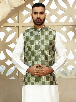 Kraft India - Men Olive Printed Nehru Jacket