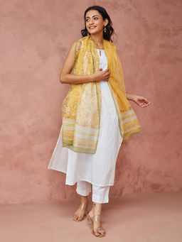Fabindia - Yellow Cotton Silk Hand Block Printed Stole