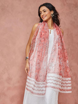 Fabindia - Peach Cotton Silk Hand Block Printed Stole