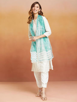 Fabindia - Turquoise Cotton Silk Hand Block Printed Stole