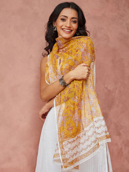 Fabindia - Yellow Cotton Silk Hand Block Printed Stole