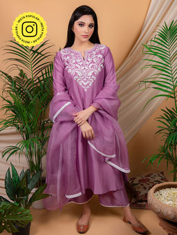 Priya Chaudhary - Purple Embroidered Kurta and Palazzo with Dupatta (Set of 3)