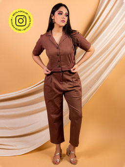 Priya Chaudhary - Brown Classic Crop Shirt And Pant In A Cotton Twill (Set of 2)
