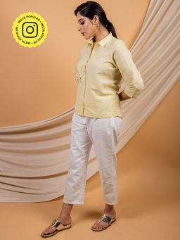 Priya Chaudhary - Yellow Cotton Linen Face Story Shirt With White Pant (Set of 2)
