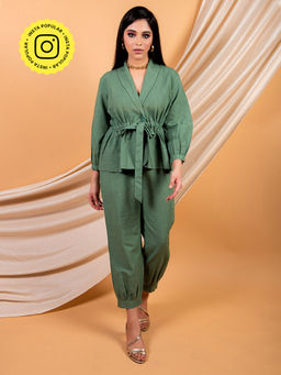 Priya Chaudhary - Green Top Made With Cotton Linen And Pant (Set of 2)