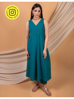 Priya Chaudhary - Teal Blue Kurta Dress (Set of 2)