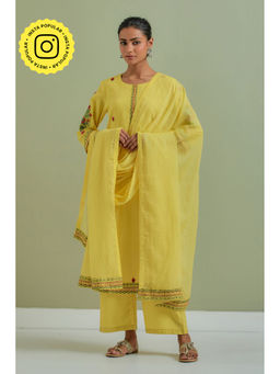 Priya Chaudhary - Cotton Embroidered Yellow Kurta with Pant and Dupatta (Set of 3)