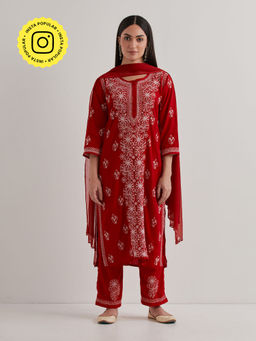 Priya Chaudhary - Cotton Embroidered Red Kurta with Pant and Dupatta (Set of 3)