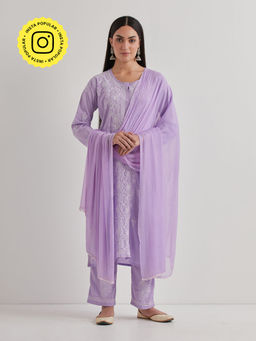 Priya Chaudhary - Cotton Embroidered Purple Kurta with Pant and Dupatta (Set of 3)