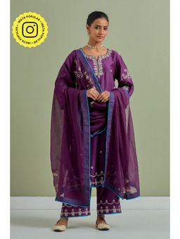 Priya Chaudhary - Purple Embroidered Chanderi Silk Kurta Palazzo and Dupatta (Set of 3)