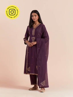 Priya Chaudhary - Purple Soft Chanderi Kurta with Pants and Dupatta (Set of 3)