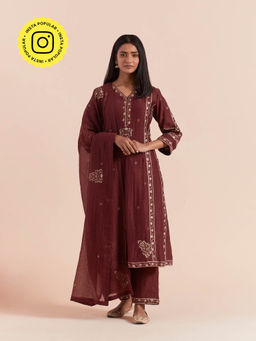 Priya Chaudhary - Red Soft Chanderi Kurta with Pants and Dupatta (Set of 3)