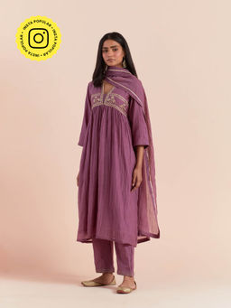 Priya Chaudhary - Purple Anarkali Kurta with Pant and Dupatta (Set of 3)