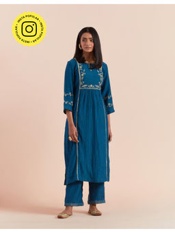Priya Chaudhary - Dark Teal Blue Embroidered Kurta