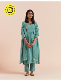 Priya Chaudhary - Teal Blue Embroidered Kurta with Pant and Dupatta (Set of 3)
