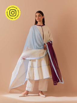 Priya Chaudhary - White Soft Chanderi Kurta with Pant and Dupatta (Set of 3)