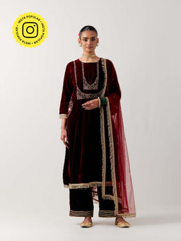 Priya Chaudhary - Maroon Kurta with Palazzo and Dupatta (Set of 3)