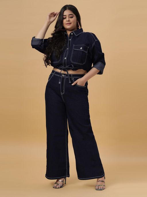 Buy Turning Blue Womens Plus Size Dark Blue Denim Co-Ord Set (36) Online