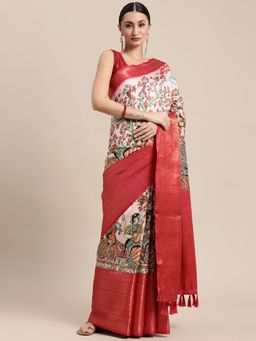 Vastranand - Pink Soft Banarasi Silk Kalamkari Block Print Party Wear Saree with Unstitched Blouse