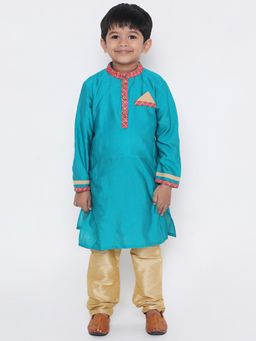 KID1 - Embroidered Collar Silk Kurta With Silk Pajama-green (Set of 2)