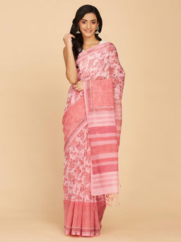Fabindia - Pink Cotton Silk Hand Block Floral Printed Saree