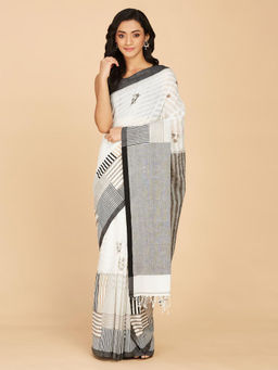 Fabindia - Off White Natural Cotton Stripes Hand Block Printed Saree