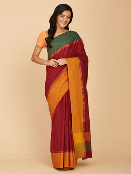 Fabindia - Maroon Cotton Colorblock Embroidered Saree