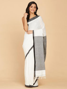 Fabindia - Off White Natural Cotton Stripes Woven Saree