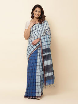 Fabindia - Blue Viscose Blend Checked Saree with Unstitched Blouse