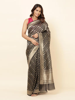 Fabindia - Black Silk Blend Woven Saree with Unstitched Blouse