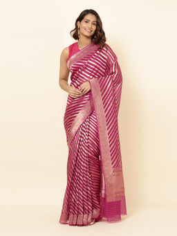 Fabindia - Wine Silk Blend Woven Saree with Unstitched Blouse