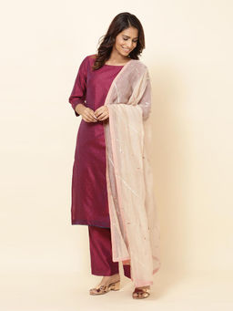 Fabindia - Beige Natural Cotton Silk Hand Embroidered Dupatta