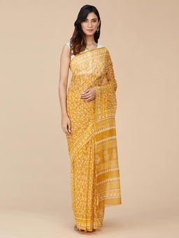 Fabindia - Mustard Cotton Silk Blend Hand Block Printed Saree