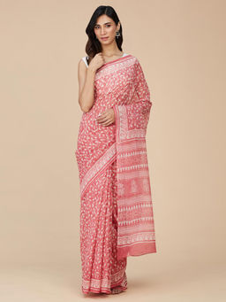 Fabindia - Pink Cotton Silk Blend Hand Block Printed Saree