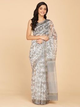 Fabindia - Grey Cotton Silk Blend Hand Block Printed Saree